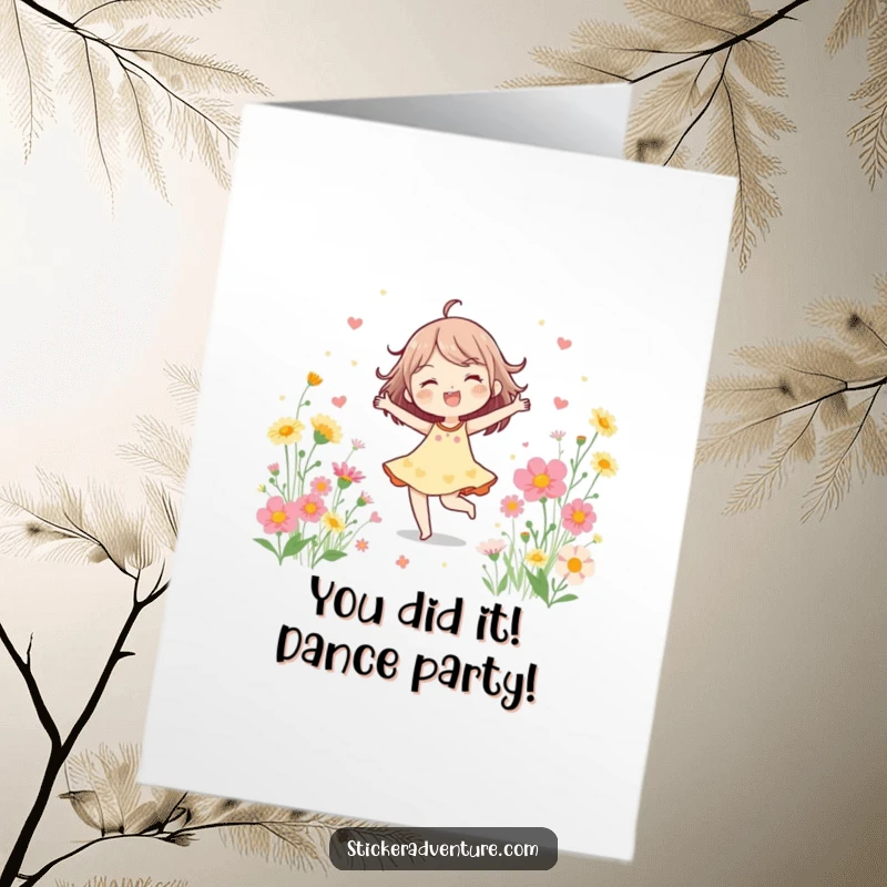 Funny Free Printable Congratulations Card with a happy character dancing joyfully among vibrant blooming wildflowers.
