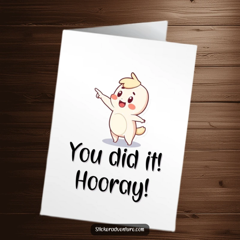 Funny Free Printable Congratulations Card: Tiny character with a look of awe points excitedly towards a bright future.
