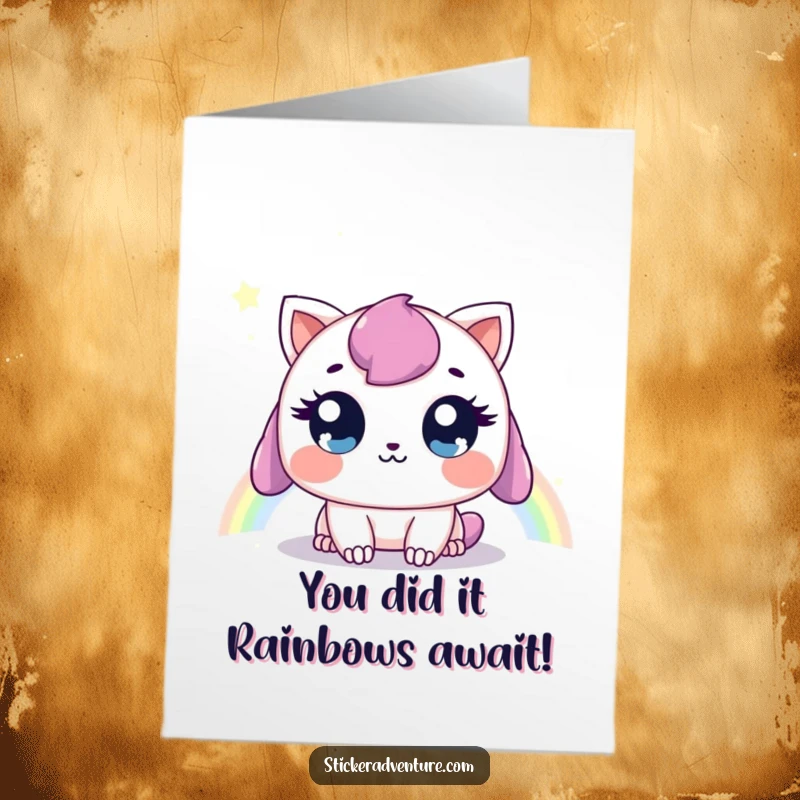 Funny Free Printable Congratulations Card: a sweet creature looking hopefully at a distant rainbow, symbolizing new beginnings.
