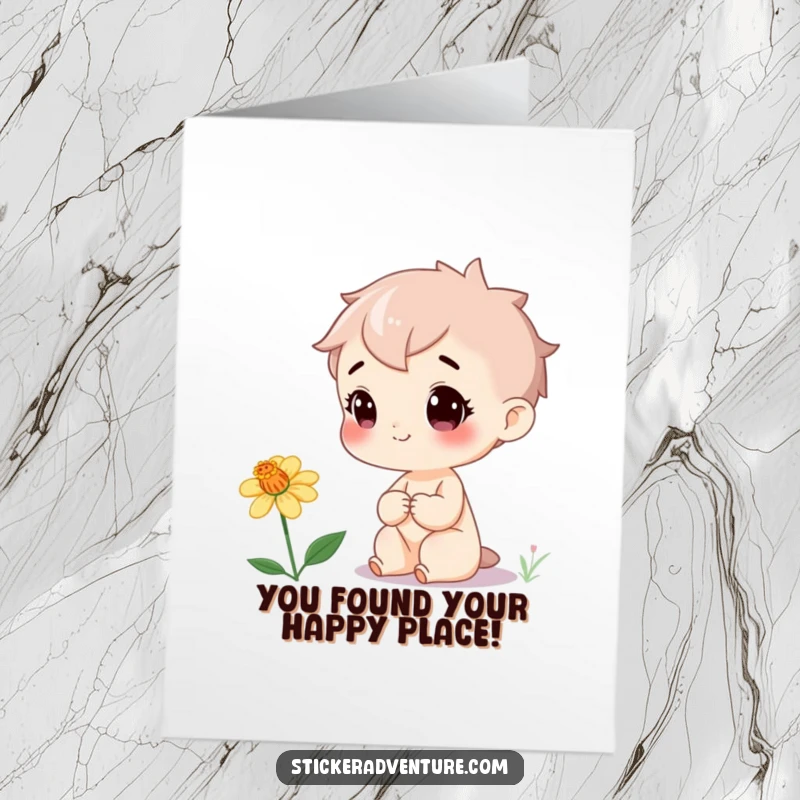 Funny Free Printable Congratulations Card: Cheerful character gazes at a rare wildflower, symbolizing new beginnings and unique achievements, a delightful congratulatory message.