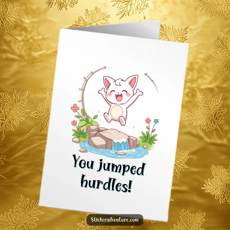 Funny Free Printable Congratulations Card featuring a character joyfully leaping over a stream, symbolizing success and overcoming hurdles.