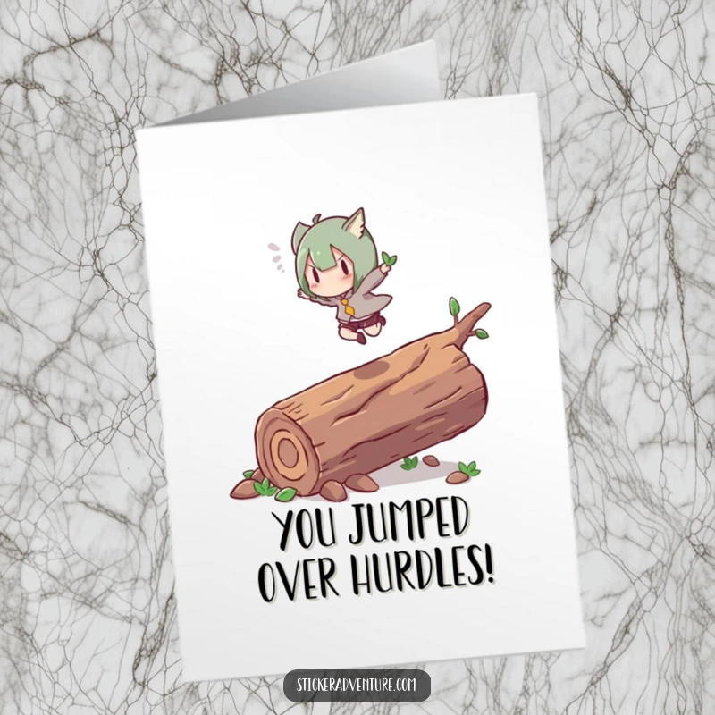 Free Printable Congrats Card: Character joyfully leaping over a log, symbolizing graceful success, a perfect DIY downloadable gift.