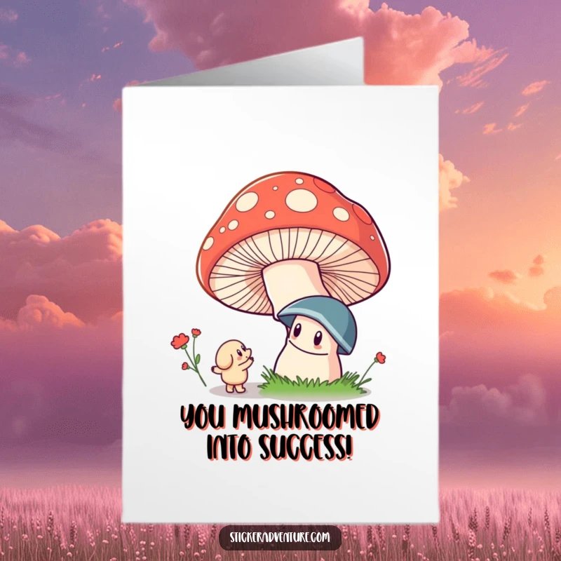 Funny Free Printable Congratulations Card: Whimsical character gazes up in amazement at an extraordinarily large, colorful mushroom.