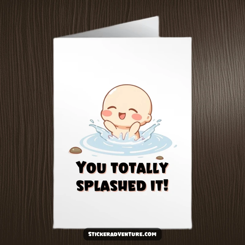 Funny Free Printable Congratulations Card: Small character gleefully splashing in a stream, celebrating success with a joyous, wet embrace.
