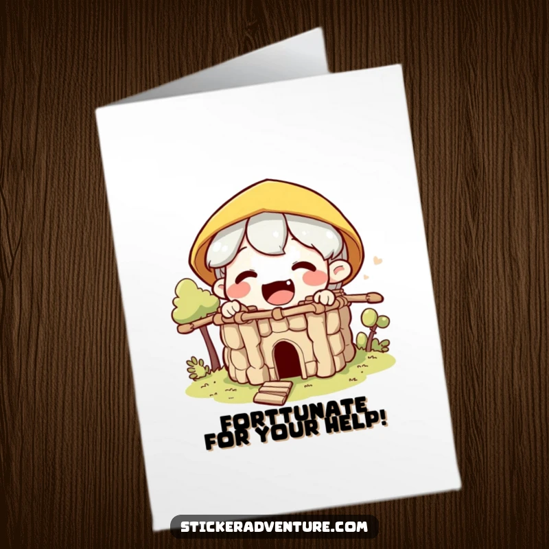 Funny Free Printable Thank You Card: A delighted character builds a sturdy stick fort, offering a heartfelt thank you.