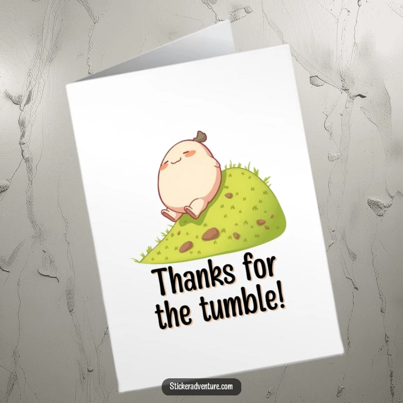 Funny Free Printable Thank You Card: A plump character rolls with glee down a hill, sending warm thank you wishes.