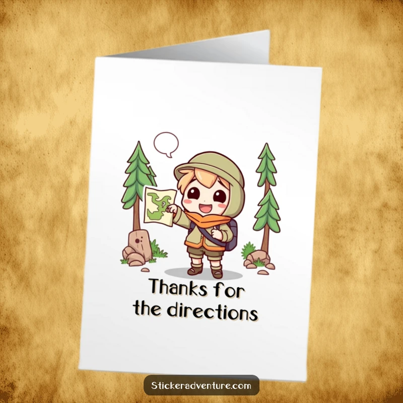 Funny free printable thank you card: Character holding a map, pointing towards an unknown trail, expressing gratitude for direction.