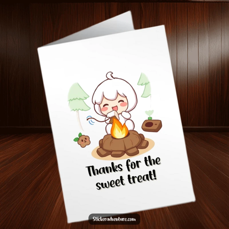 Free Printable Thank You Card: Character joyfully roasting a marshmallow over a small campfire, feeling thankful.