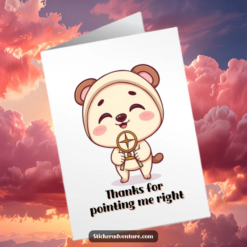 Funny Free Printable Thank You Card: A character attempts to balance a compass on their nose with clumsy delight, thanking you for your guidance.