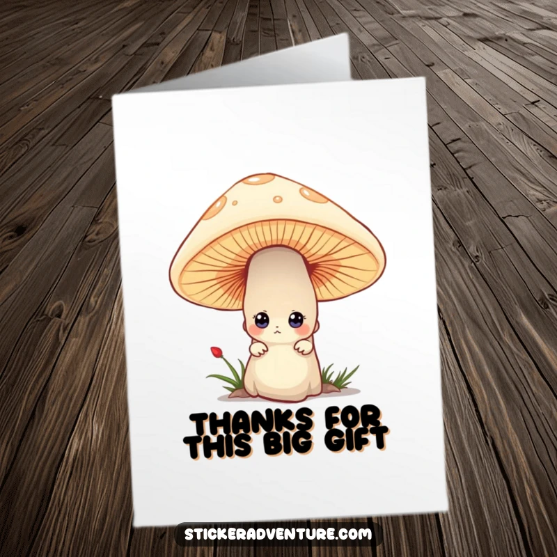 Funny Free Printable Thank You Card: Tiny character peeking from behind a mushroom with curious eyes, offering thanks in a charming way.