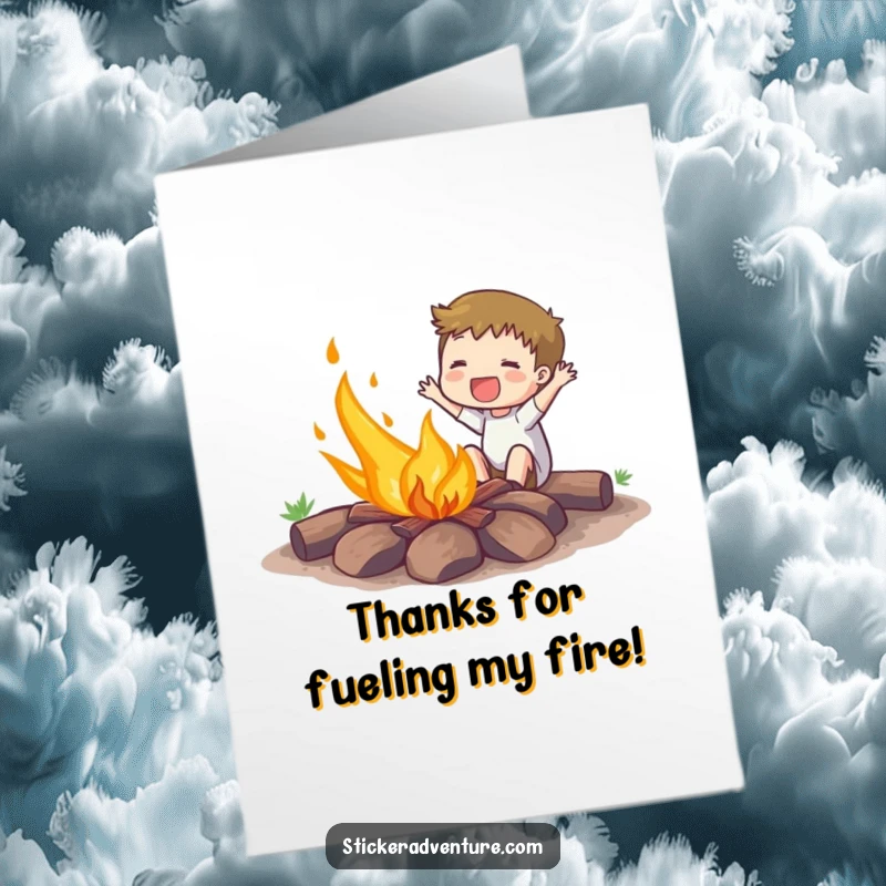 Funny Free Printable Thank You Card: Happy person enthusiastically setting a campfire ablaze, a warm DIY gift.