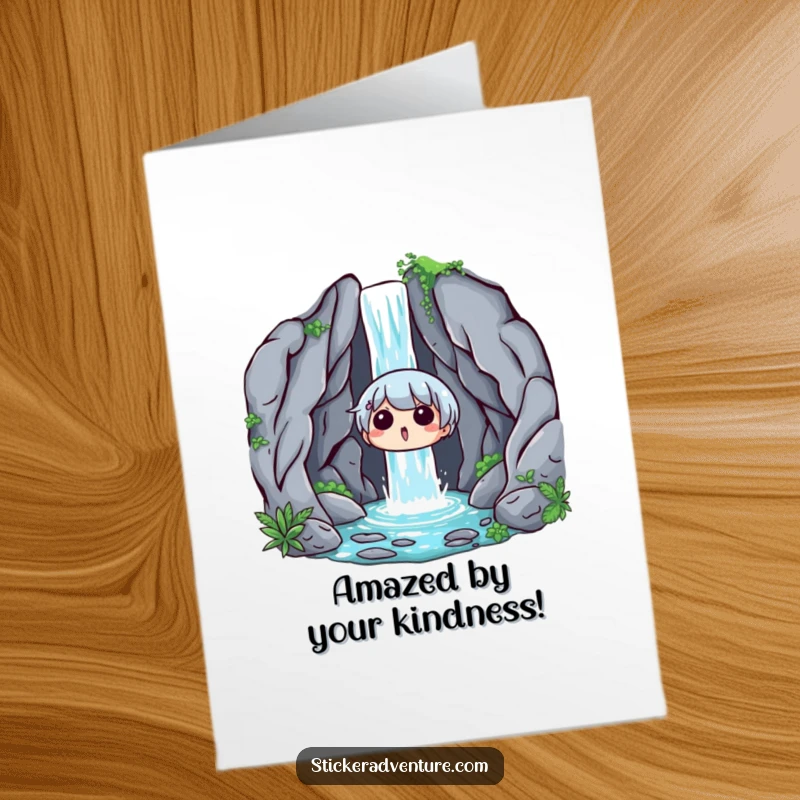 Funny Free Printable Thank You Card: Character looking delighted and surprised by the beauty of a hidden waterfall.