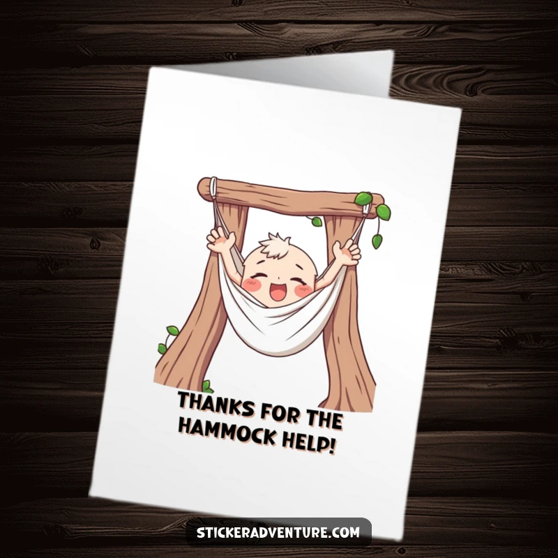 Funny free printable thank you card: a character happily flailing arms while completely and comically tangled in a hammock.