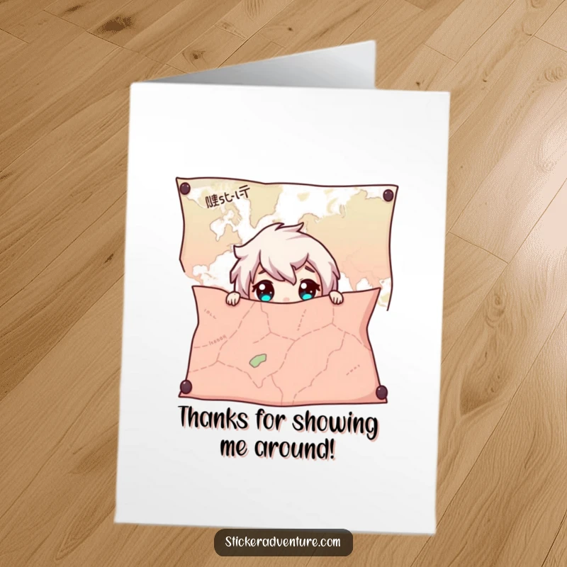 Funny free printable thank you card: a character with curious wide eyes peeking out from behind a giant, unfolded map.
