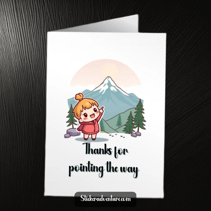 Funny Free Printable Thank You Card: Cute character enthusiastically pointing towards a distant mountain peak, expressing thanks.