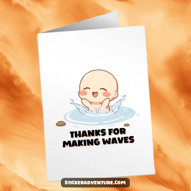 Funny Free Printable Thank You Card: Joyful small character happily splashing in water, expressing thanks with watery glee, a great DIY gift.