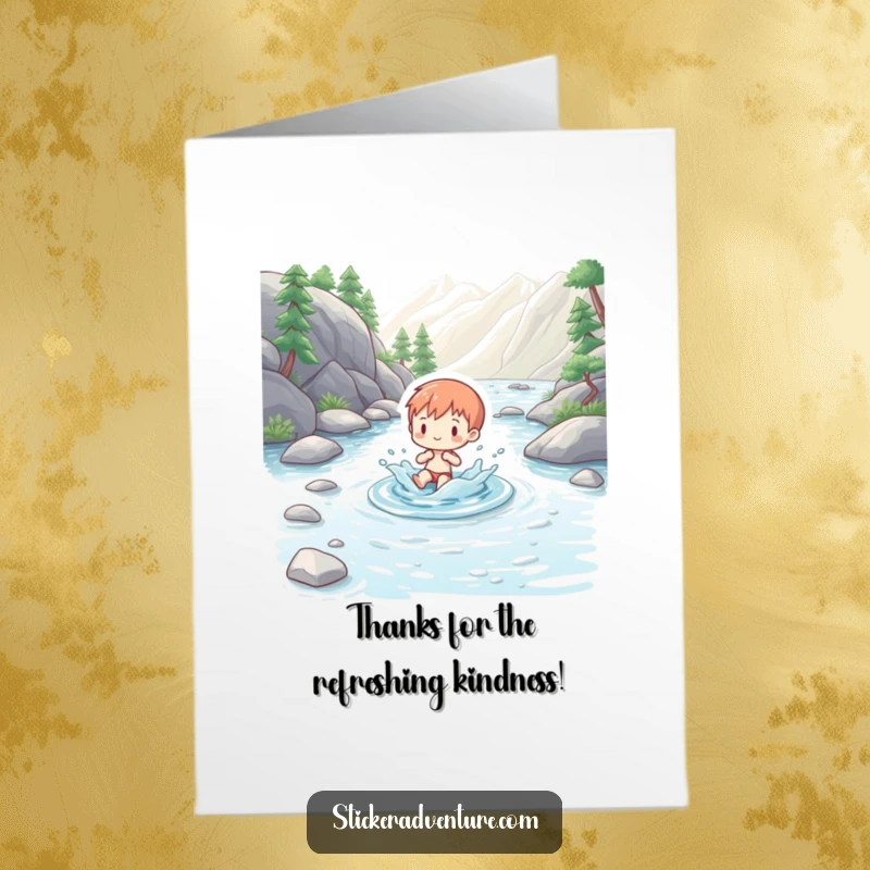 Funny Free Printable Thank You Card: Charming figure splashing playfully in a clear mountain stream, expressing thanks.