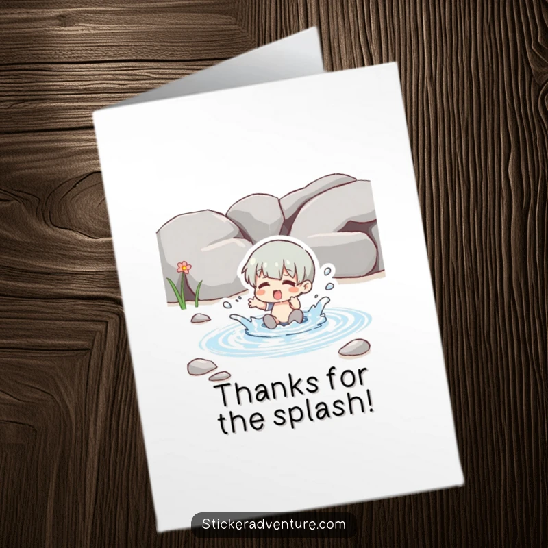 Funny Free Printable Thank You Card: Character playfully splashing in a clear stream, conveying thanks with a happy, carefree attitude.