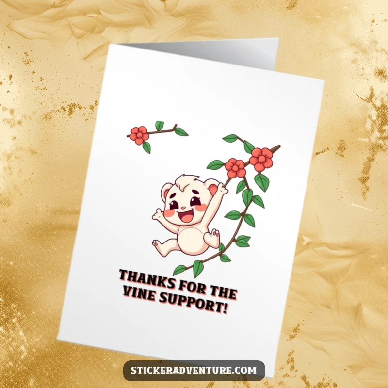 Funny Free Printable Thank You Card: Joyful character swinging from a vine, expressing thanks with a playful, determined spirit.