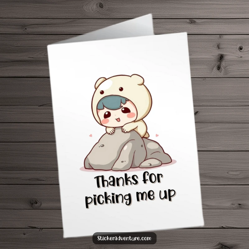 Funny Free Printable Thank You Card featuring a kawaii character comically tripping while awkwardly climbing a small rock.