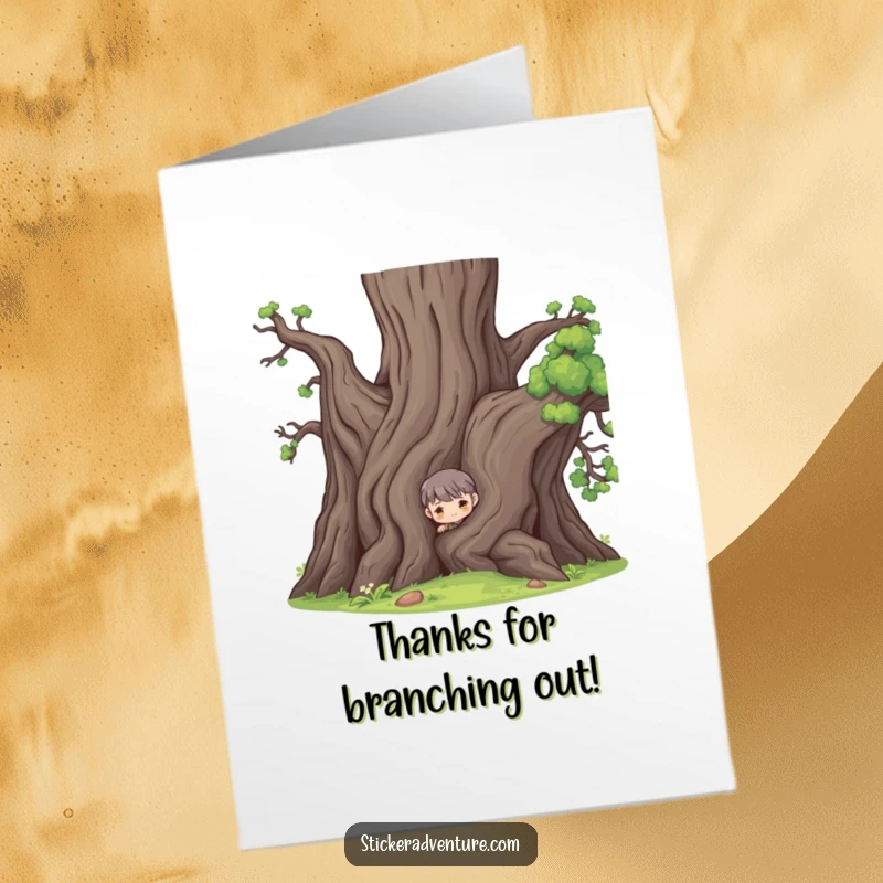 Funny Free Printable Thank You Card showing a cute character peeking from behind a large tree, perfect for a subtle thank you.