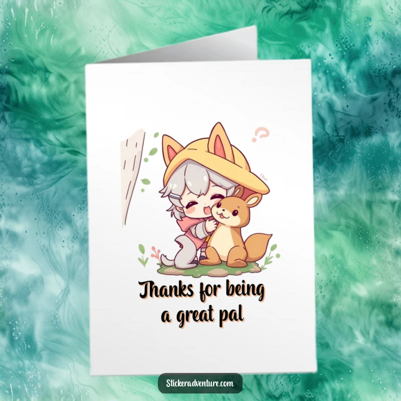 Funny Free Printable Thank You Card: Character playfully interacting with a friendly forest creature, expressing thanks.