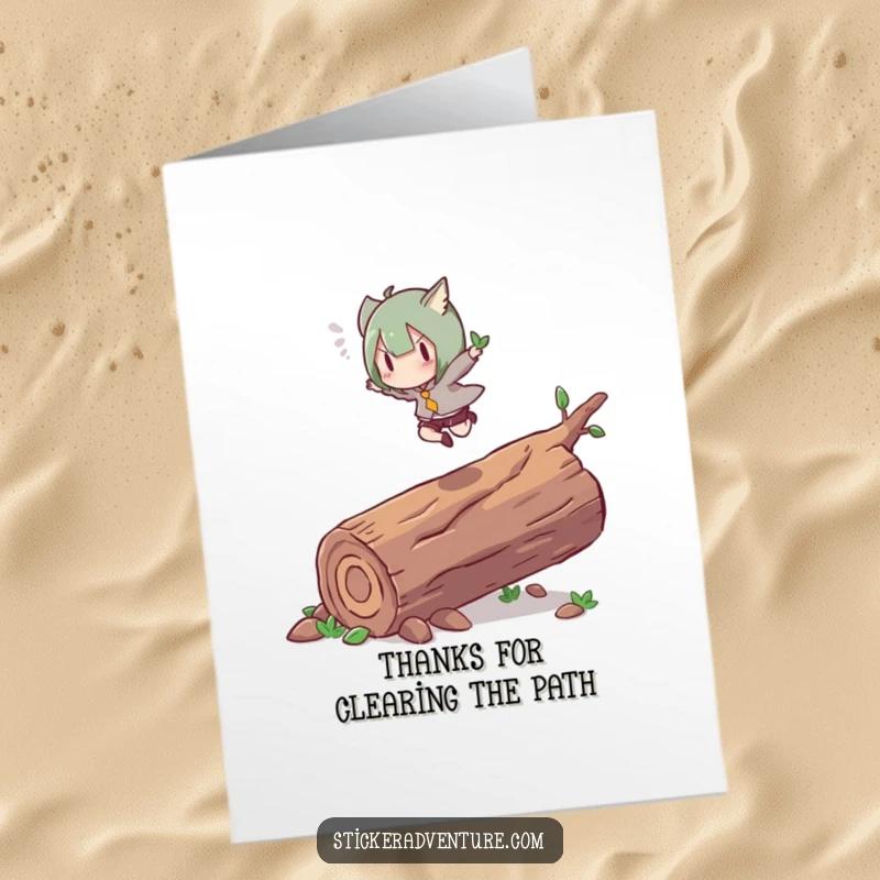 Free Printable Thank You Card: Character executing an energetic leap over a log, a dynamic and fun way to say thanks.