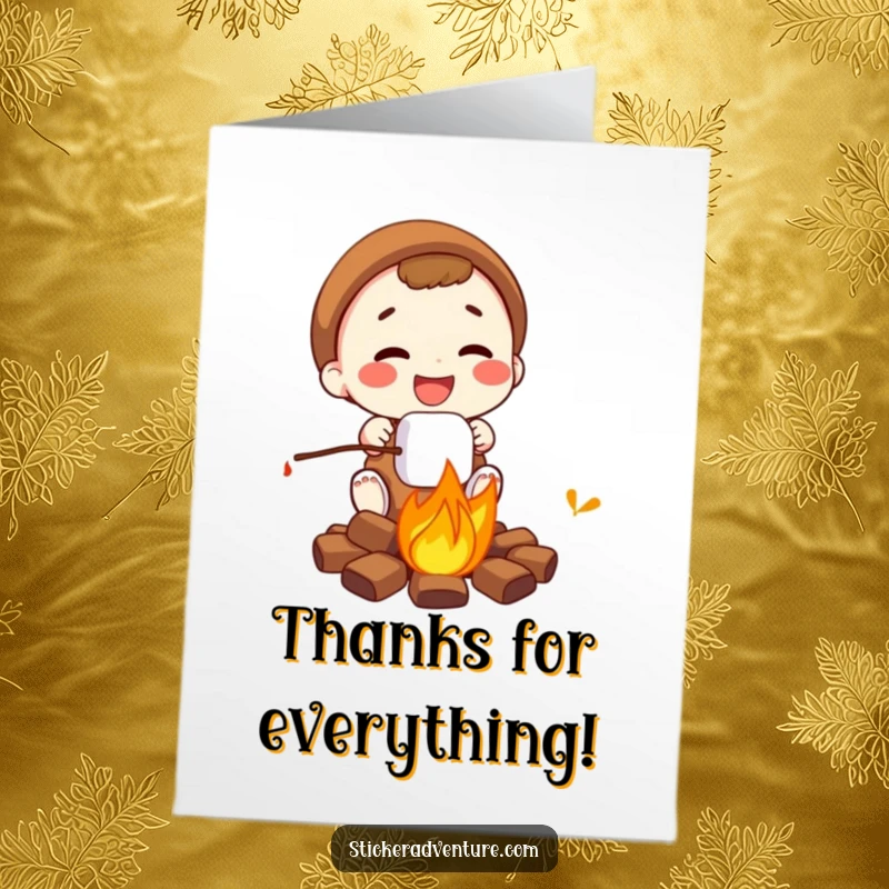 Funny Free Printable Thank You Card: Character gleefully roasting a marshmallow over a campfire, sharing warmth and gratitude.