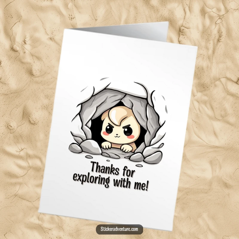 Funny Free Printable Thank You Card: A playful character nervously grins into a dark cave, sending a thank you for facing the unknown.