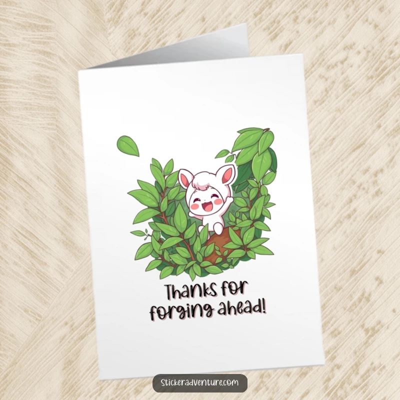 Funny Free Printable Thank You Card showing a happy character smiling as they move through dense green leaves and branches.