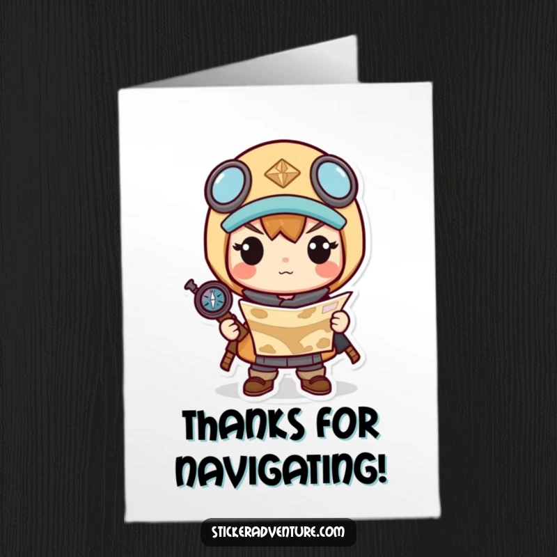 Funny Free Printable Thank You Card: Determined kawaii character consults a map and compass, feeling thankful.