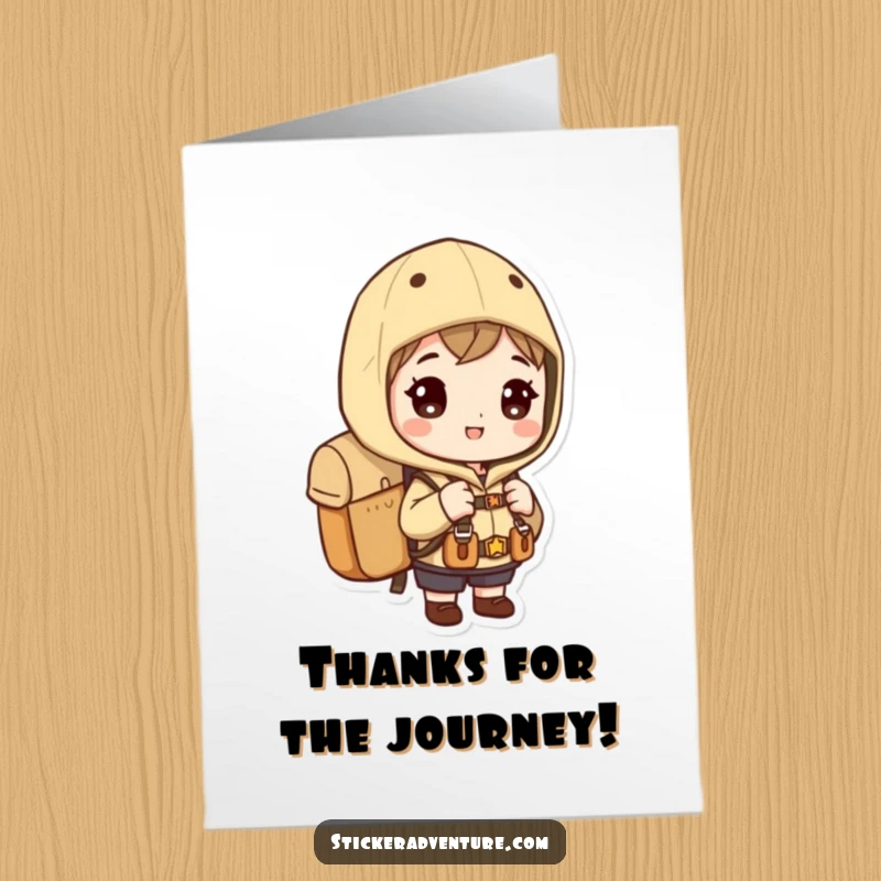 Funny Free Printable Thank You Card: Character wearing a backpack, looking eager to explore, expressing thanks for a shared journey.