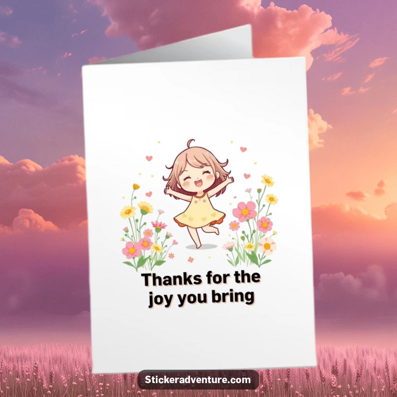 Funny Free Printable Thank You Card showcasing a cheerful character dancing joyfully surrounded by beautiful blooming wildflowers.