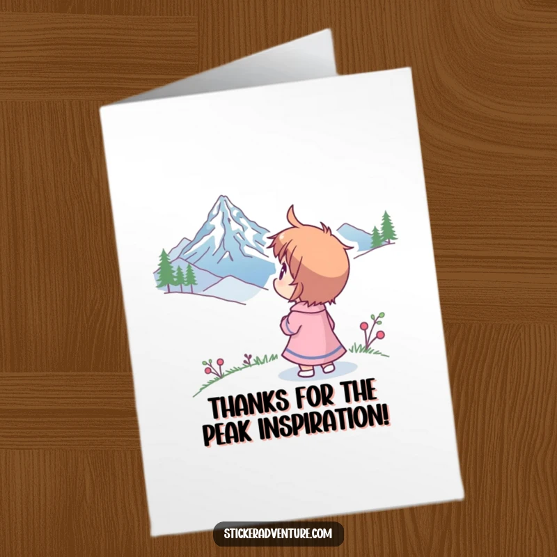Funny Free Printable Thank You Card with a character looking at a distant mountain peak, conveying gratitude for reaching great heights.