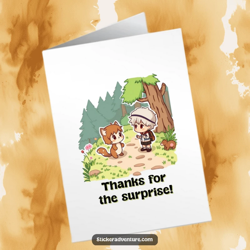 Funny Free Printable Thank You Card: Character surprised by a cheerful woodland creature on a trail, a moment of unexpected connection.