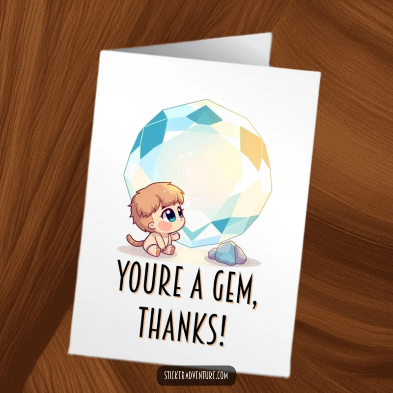 Funny Free Printable Thank You Card: Curious character captivated by a large, glittering gemstone, conveying thanks with wonder.