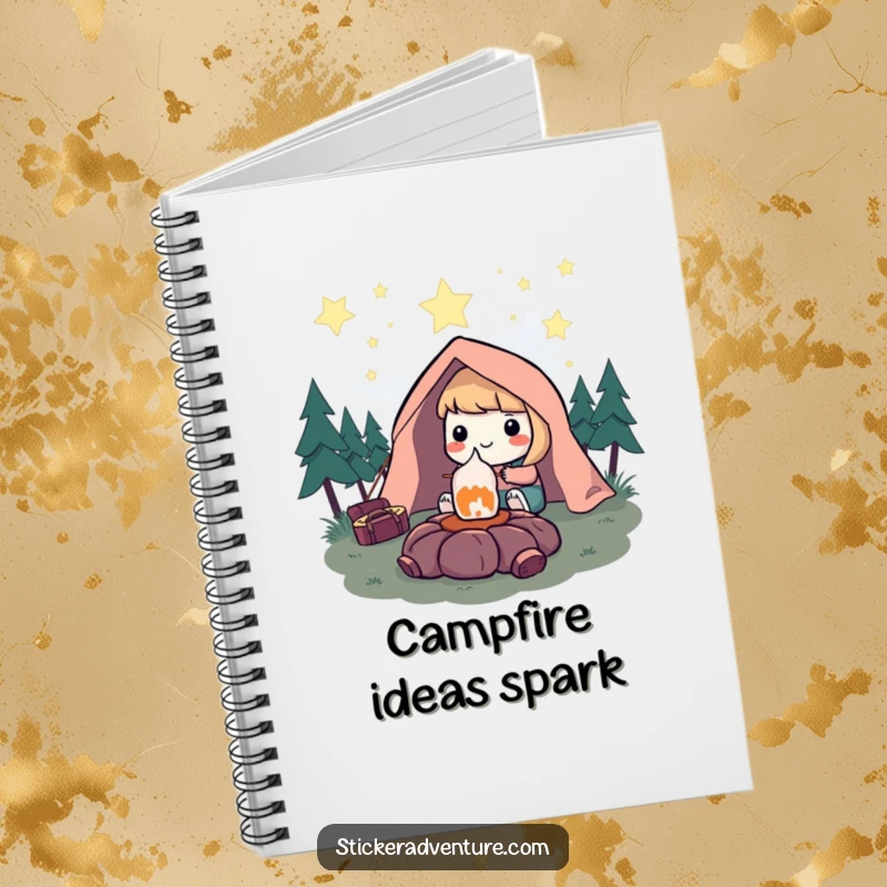 Funny Notebook: Character happily roasting a marshmallow under a starry sky, perfect for jotting down camping memories and ideas.