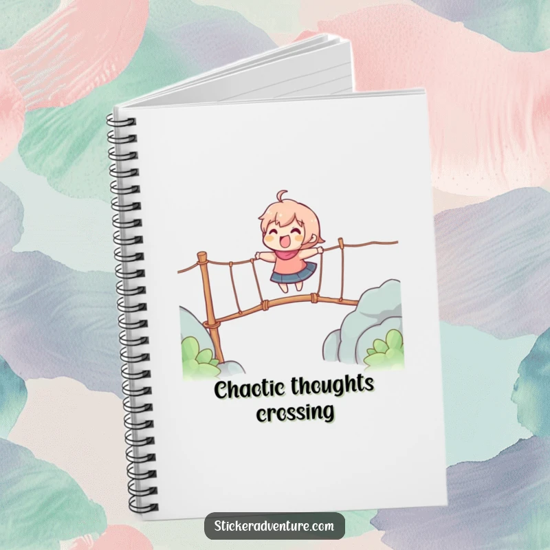Funny notebook with a character gleefully crossing a wobbly rope bridge, ideal for jotting down thoughts and plans.