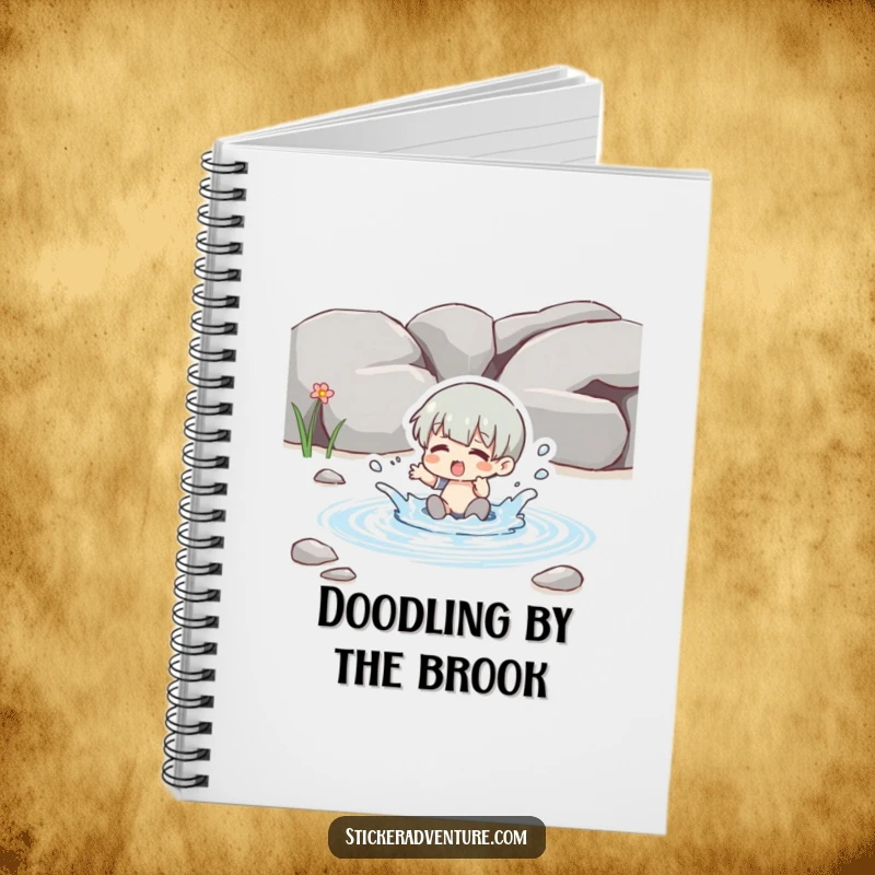Funny splashing stream notebook, a character playing in a stream, ideal for notes and humorous gifting.