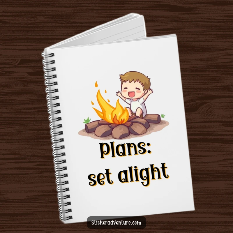 Funny notebook with an enthusiastic character energetically setting a campfire ablaze, inspiring creativity.