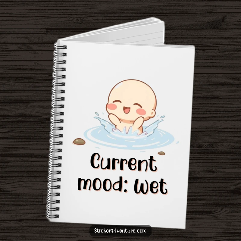 Funny notebook with a small character gleefully splashing in a stream with happy closed eyes, inspiring creative and joyful writing.