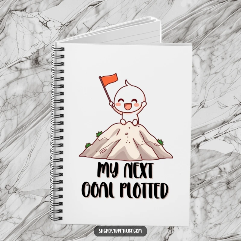Funny Notebook: An excited character grins while planting a flag on a mountaintop, ideal for planning achievements.