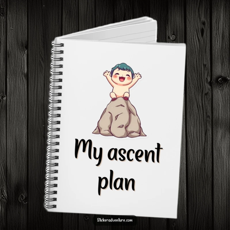 Funny notebook cover showcasing a cute character joyfully climbing a small rocky outcrop, looking upwards with a triumphant smile.