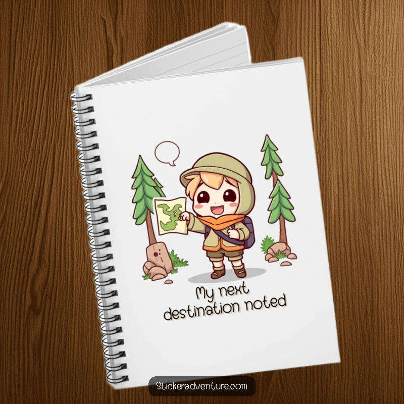 Funny Notebook: A cheerful character holds a map, pointing towards an unknown trail, ideal for planning adventures.
