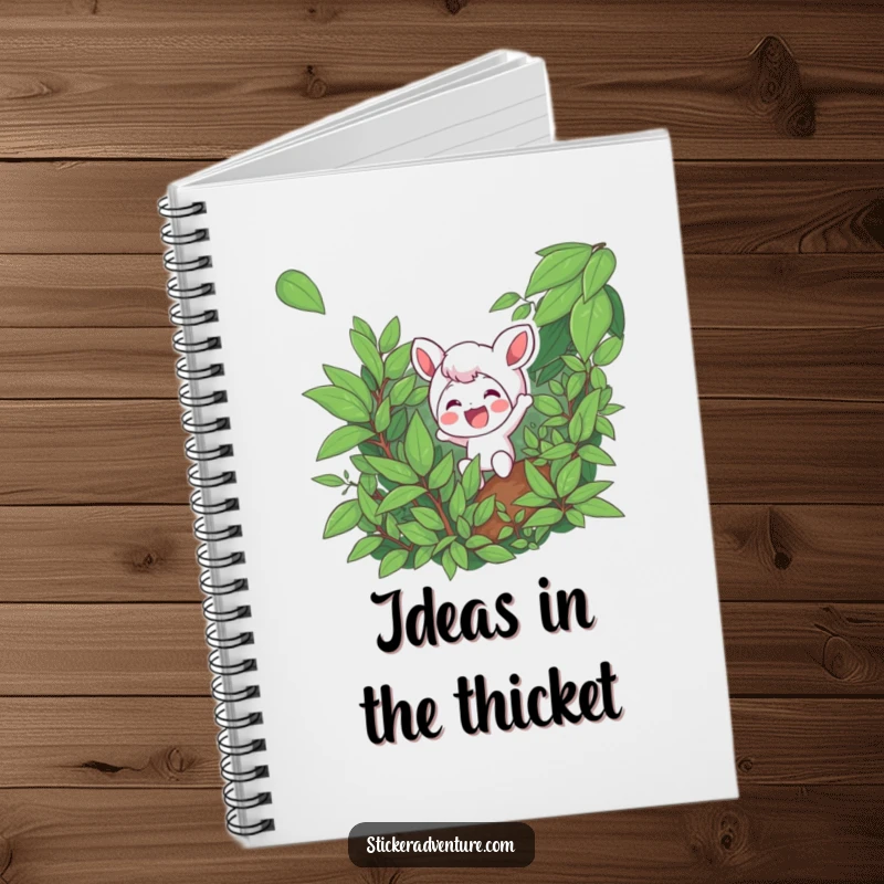 Funny notebook with a character excitedly navigating dense foliage with a smile, ideal for recording adventures.