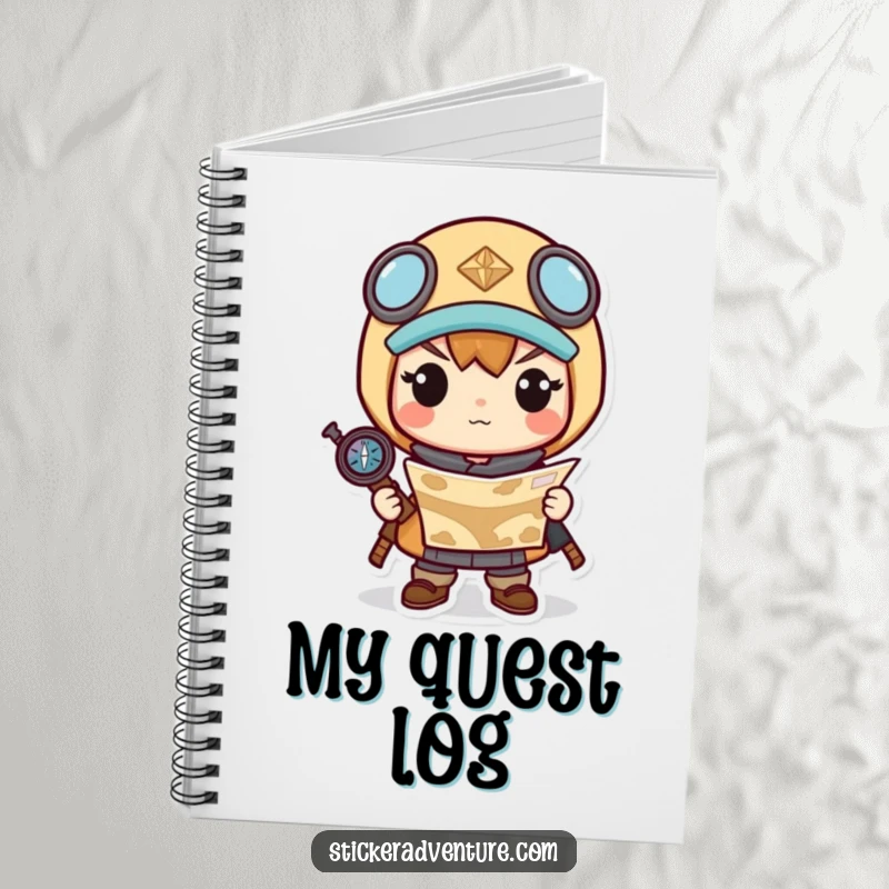 Funny notebook cover showcasing a determined Kawaii character holding a map and compass, ready to embark on a journey.