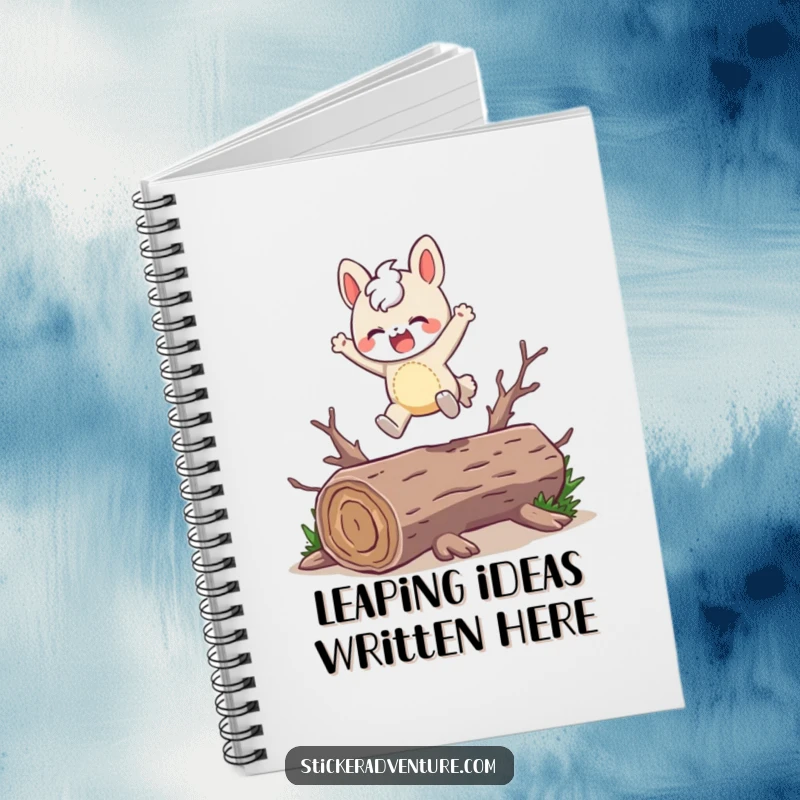 Funny Notebook: A character playfully leaps over a fallen log with a joyful expression, ideal for jotting down ideas.