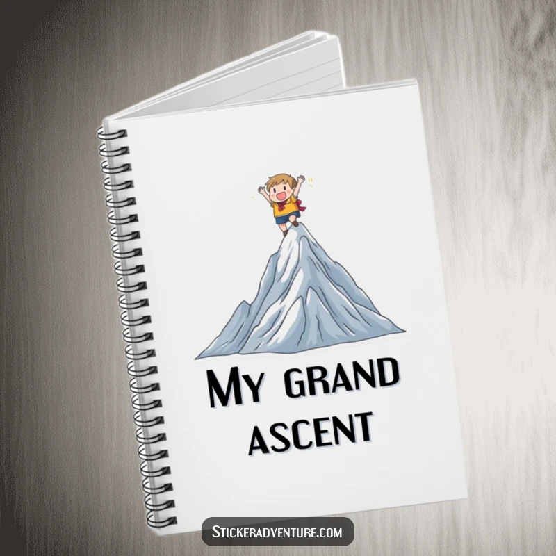 Funny character on a mountain peak, triumphant pose, ready to write, inspiring goals, ideal funny gift.