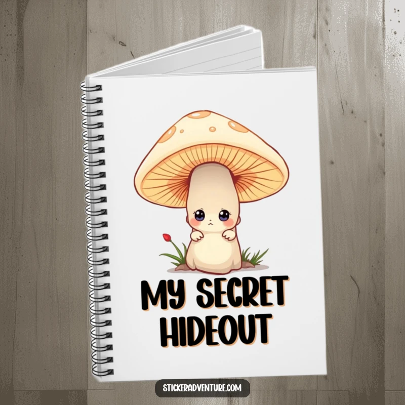 Funny notebook with a tiny character peeking curiously from behind a large mushroom, inspiring creative writing and secret keeping.