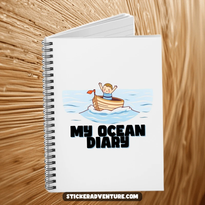 Funny notebook with a small, happy character waving from a small boat on a vast ocean, designed for jotting down thoughts with a humorous, nautical flair.